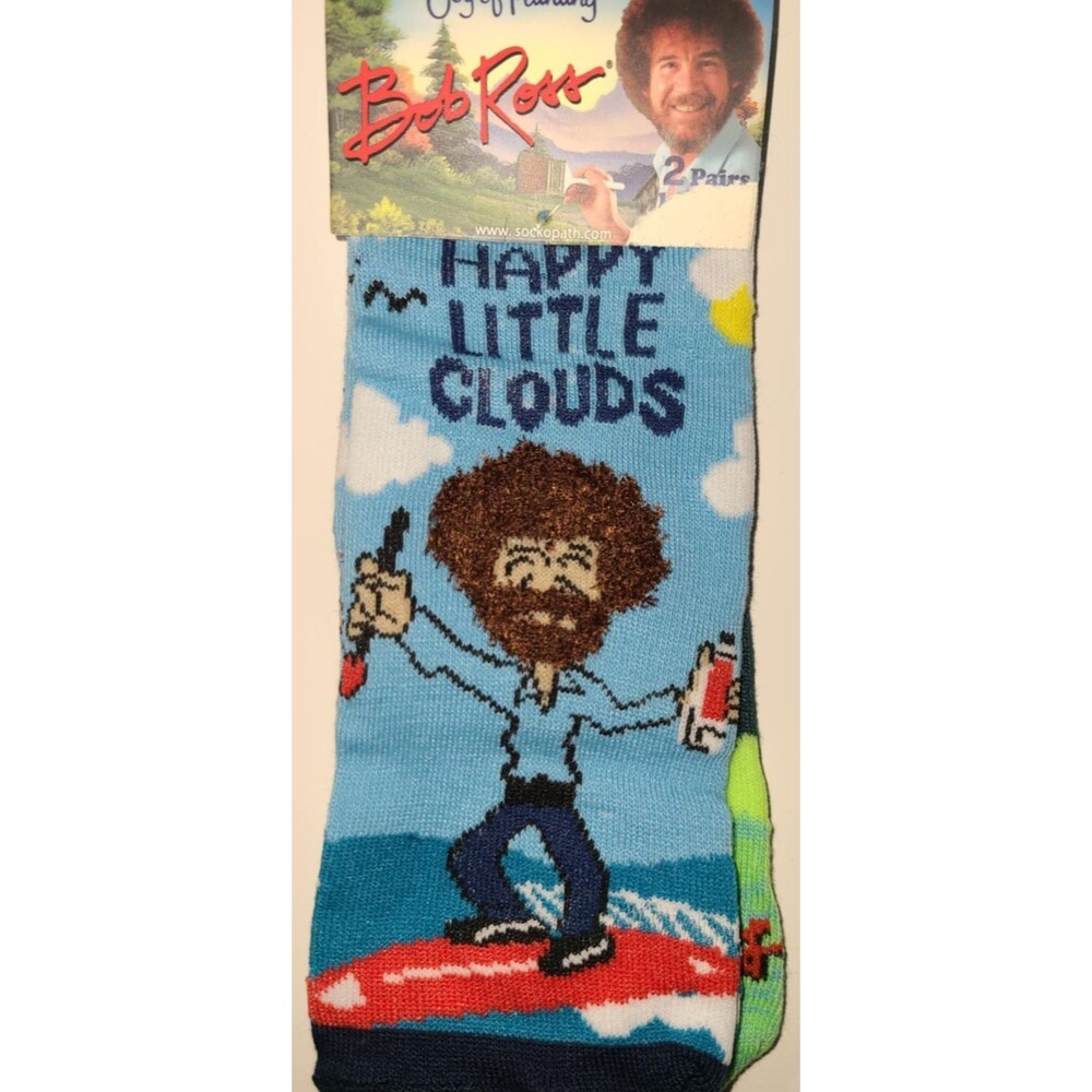 Bob Ross Socks 2 Pairs NIB NEW Happy Little Clouds Unisex Men 8-12 Women 9-14